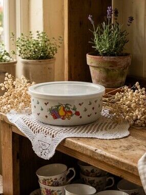 Vintage Fruit Motif Bowl with Lid  Colorful Pear & Cherry Design
